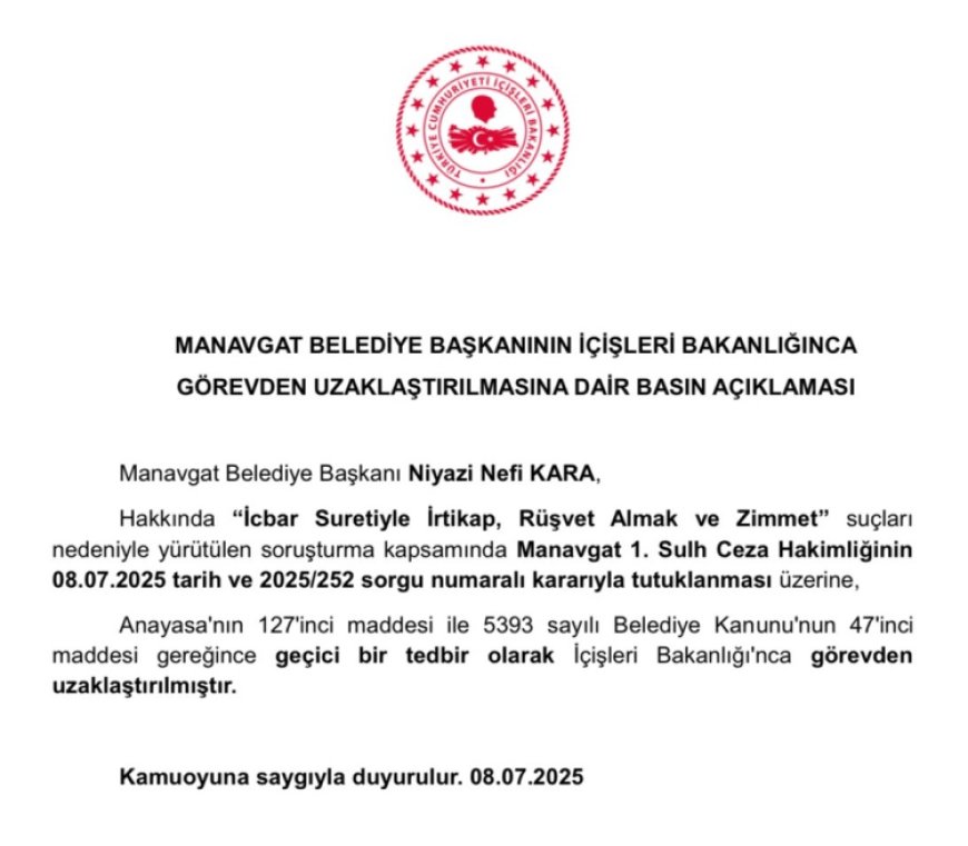 Manavgat’ta tutuklanan başkan görevden uzaklaştırıldı