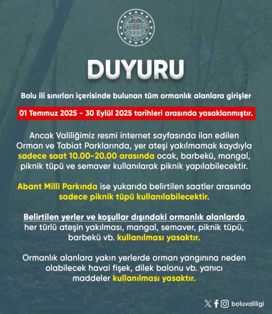 Bolu ormanlarına girişler 30 Eylül’e kadar yasaklandı!