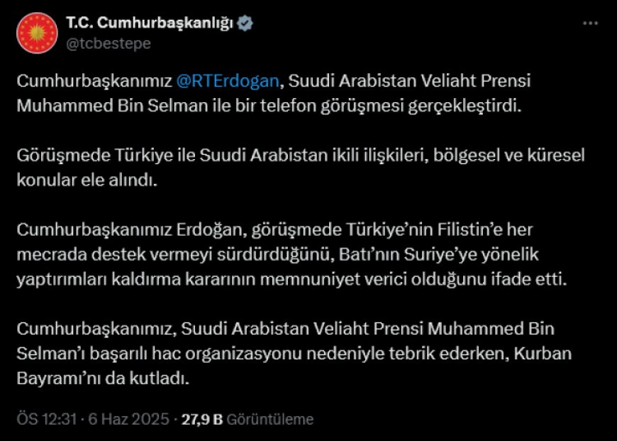Cumhurbaşkanı Erdoğan Veliaht Prensi ile görüştü